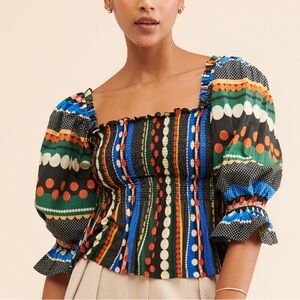 Anthropologie Conditions Apply Geometric Art Peasant Puff Sleeve Top